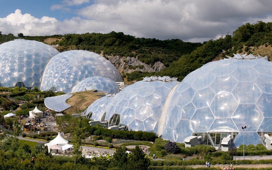 Panoramic view of the geodesic dome structures of Eden Project
