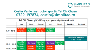 Orar sală Simplitao exersări Tai Chi Chuan și Chi Kung